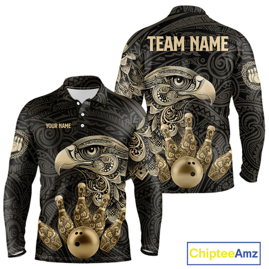 Black and Gold Eagle Tribal Bowling Polo, 1/4 Zip Shirts For Men Custom Retro Bowling Team Jerseys NQS11150