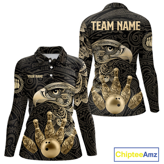 Black and Gold Eagle Tribal Bowling Polo, 1/4 Zip Shirts For Women Custom Retro Bowling Team Jerseys NQS11150