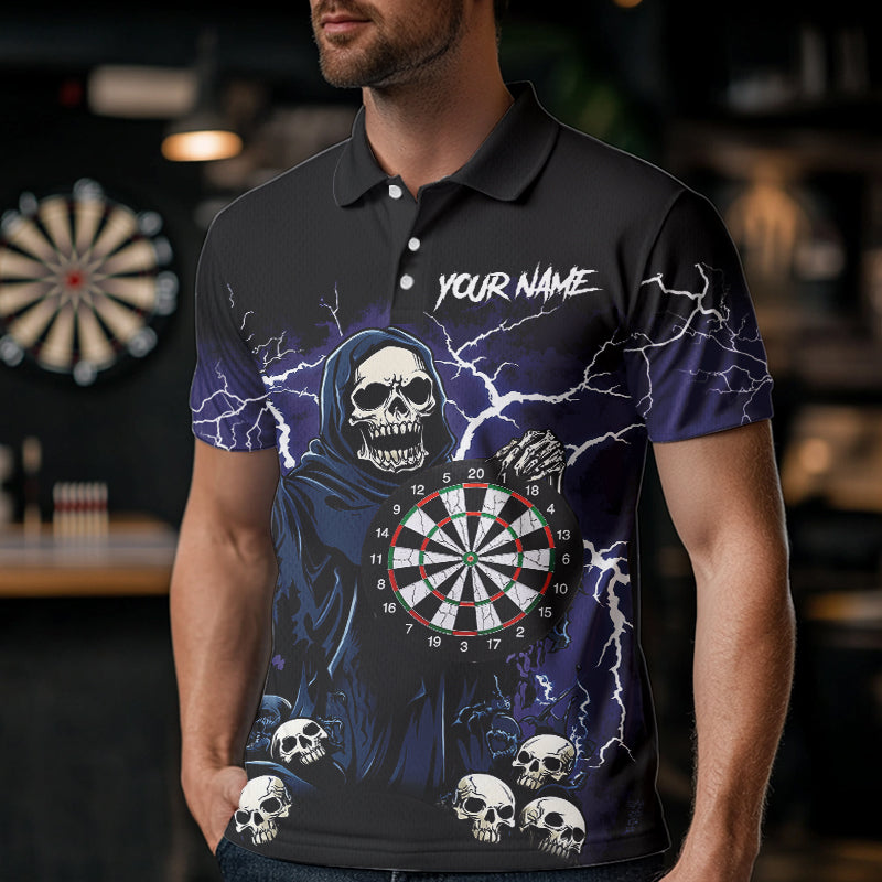 Purple Lightning Thunder Skull Darts Polo, Quarter zip Shirts For Men Custom Team Darts Jersey Outfit NQS9446