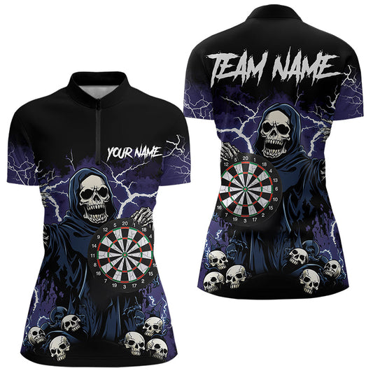 Purple Lightning Thunder Skull Darts Polo, Quarter zip Shirt For Women Custom Team Darts Jersey Outfit NQS9446