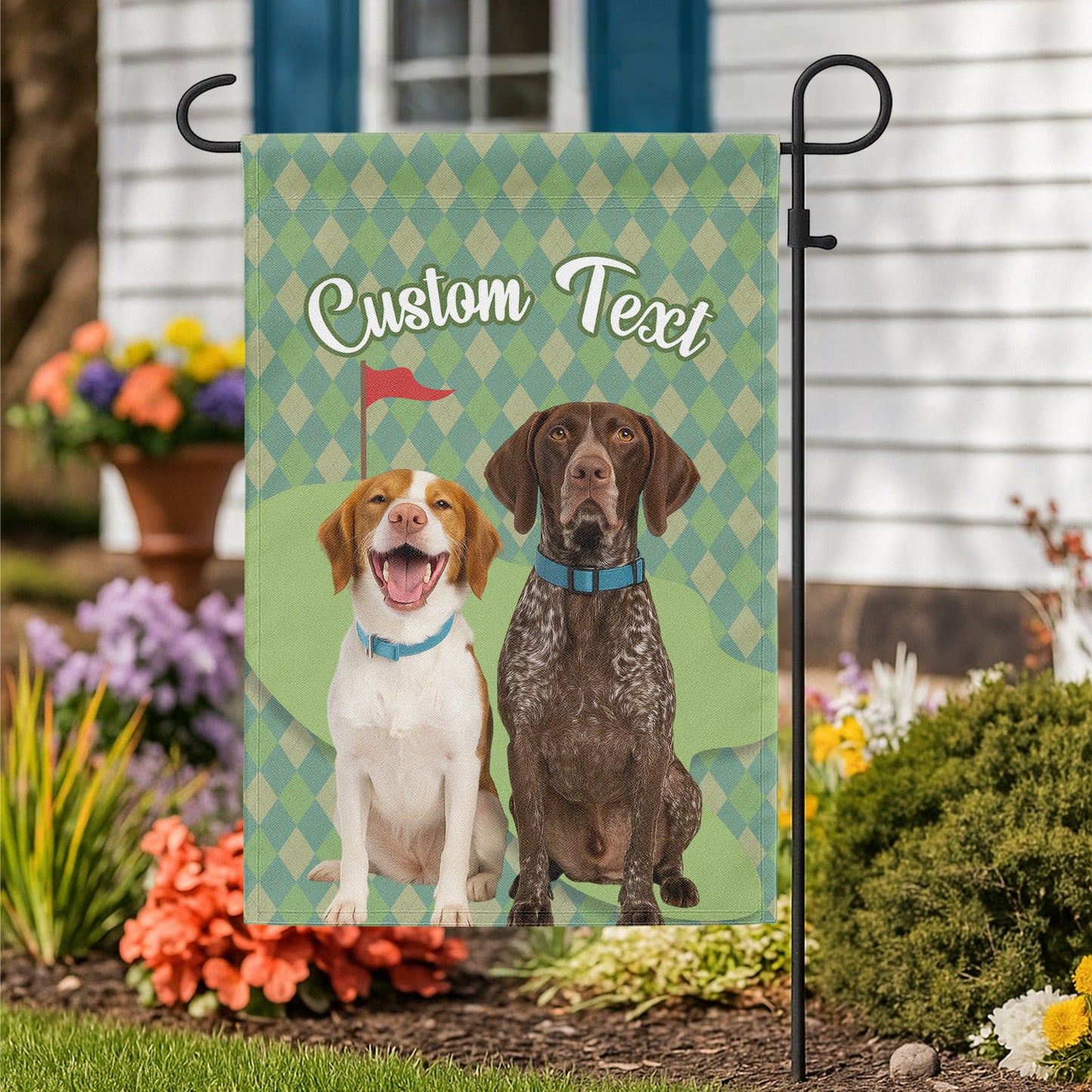 Custom text and pet photo green argyle pattern golf Garden Flag, Personalized Golfing Gift NQS9905