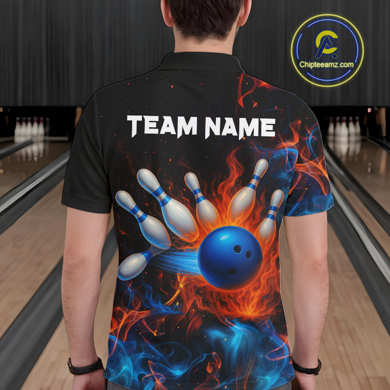Blue and Orange Flame Bowling Polo, Quarter Zip Shirts for Men Custom Team bowling outfit uniform NQS10026