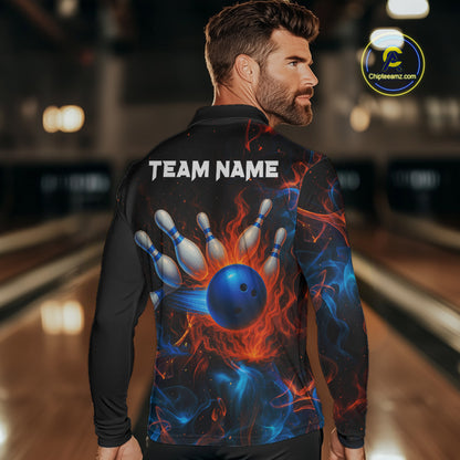 Blue and Orange Flame Bowling Polo, Quarter Zip Shirts for Men Custom Team bowling outfit uniform NQS10026