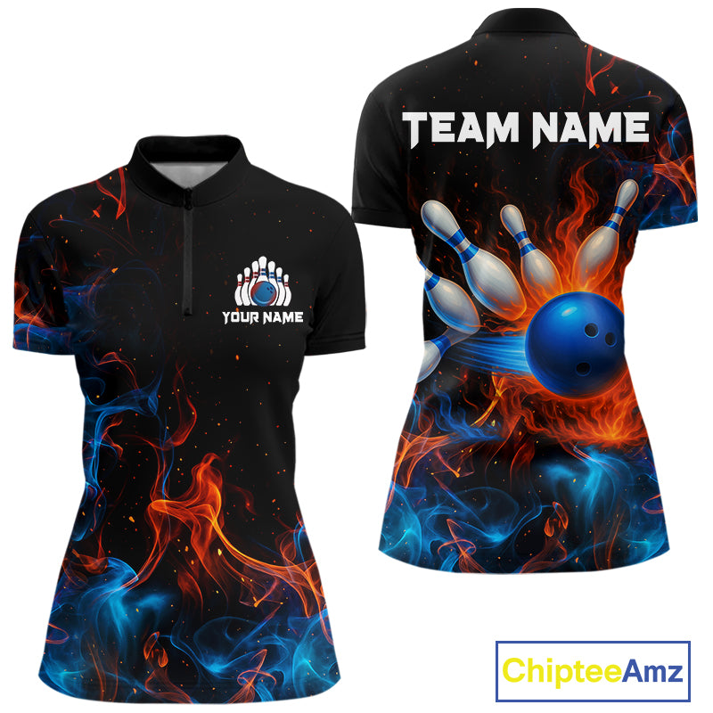Blue and Orange Flame Bowling Polo, Quarter Zip Shirts for Women Custom Team bowling outfit uniform NQS10026
