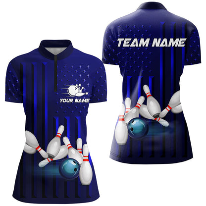 Blue American Flag patriotic Bowling Polo, 1/4 Zip Shirts For Women, custom team bowling shirts NQS8362