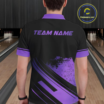 Custom Black And Purple Bowling Team Polo, Quarter-Zip Shirts For Men, Personalized Bowling Jerseys NQS10541