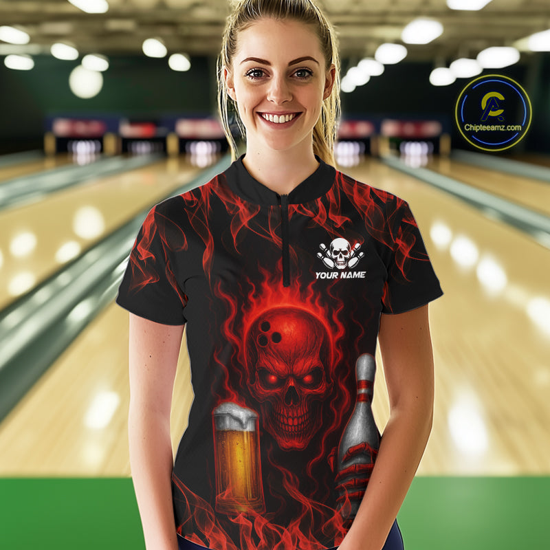 Red Skull and Beer Bowling shirts with flames Custom Bowling Polo, 1/4 Zip bowling outfits for Women NQS10955