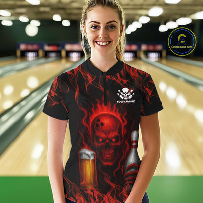 Red Skull and Beer Bowling shirts with flames Custom Bowling Polo, 1/4 Zip bowling outfits for Women NQS10955