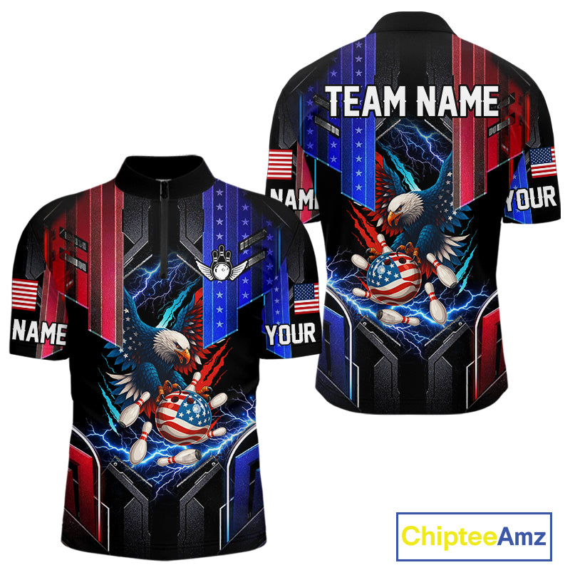 American flag bowling jersey Custom patriotic Lightning Thunder Eagle Bowling shirts for men NQS10958