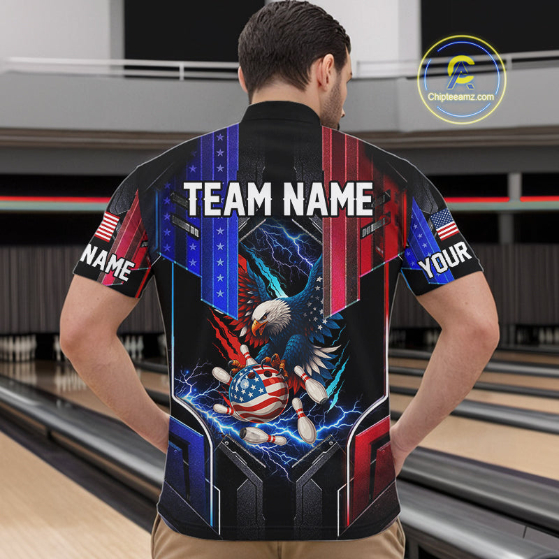 American flag bowling jersey Custom patriotic Lightning Thunder Eagle Bowling shirts for men NQS10958