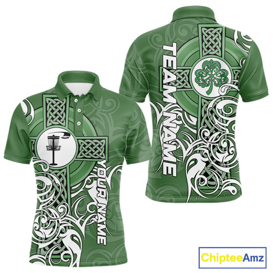 Green Irish Tribal Cross St Patrick's Day Disc Golf Polo Shirts Custom Lucky Disc Golf Team Outfits NQS11336