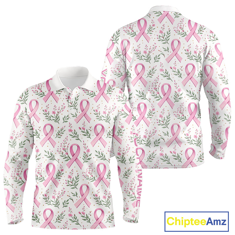 Pink ribbons floral pattern Breast Cancer golf polo shirts for men Custom team golf attire for men NQS11551