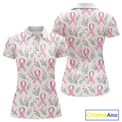 Pink ribbons floral pattern Breast Cancer golf polo shirts for Women Custom team ladies golf attire NQS11551
