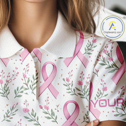 Pink ribbons floral pattern Breast Cancer golf polo shirts for Women Custom team ladies golf attire NQS11551