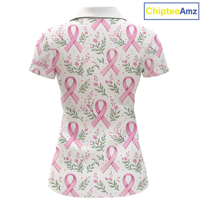 Pink ribbons floral pattern Breast Cancer golf polo shirts for Women Custom team ladies golf attire NQS11551