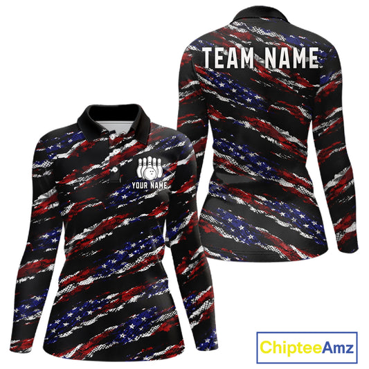 Black American Flag pattern bowling shirt for Women custom patriotic jersey team ladies bowling gifts NQS11552