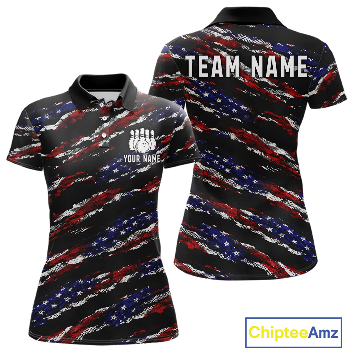 Black American Flag pattern bowling shirt for Women custom patriotic jersey team ladies bowling gifts NQS11552
