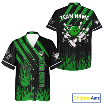 Black and Green Flame Retro Bowling Button-up Shirt Custom Vintage Team Hawaiian Bowling Jersey NQS11677