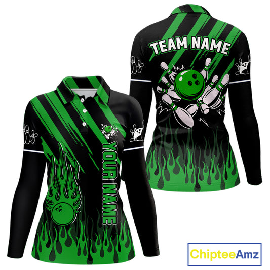 Black and Green Flame Retro Bowling Polo, 1/4 Zip Shirt for Women Custom Vintage Team Bowling Jersey NQS11677