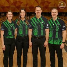 Load image into Gallery viewer, Black and Green Flame Retro Bowling Polo, 1/4 Zip Shirt for Men Custom Vintage Team Bowling Jersey NQS11677