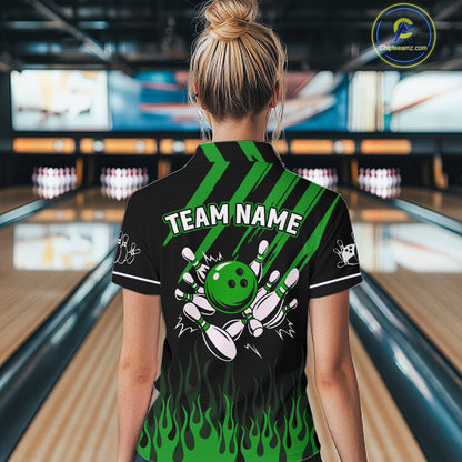 Black and Green Flame Retro Bowling Polo, 1/4 Zip Shirt for Women Custom Vintage Team Bowling Jersey NQS11677