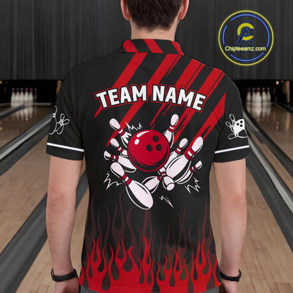 Black and Red Flame Retro Bowling Polo, 1/4 Zip Shirt for Men Custom Vintage Team Bowling Jersey NQS11678
