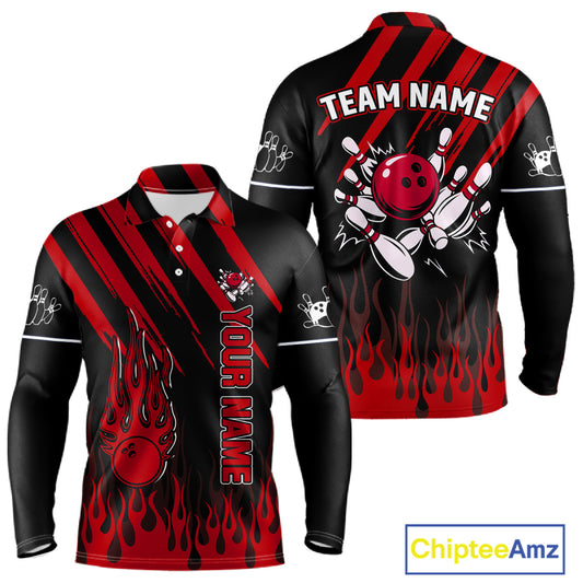 Black and Red Flame Retro Bowling Polo, 1/4 Zip Shirt for Men Custom Vintage Team Bowling Jersey NQS11678