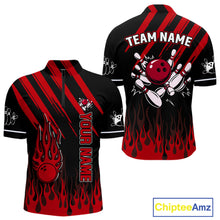 Load image into Gallery viewer, Black and Red Flame Retro Bowling Polo, 1/4 Zip Shirt for Men Custom Vintage Team Bowling Jersey NQS11678