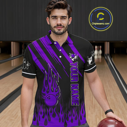 Black and Purple Flame Retro Bowling Polo, 1/4 Zip Shirt for Men Custom Vintage Team Bowling Jersey NQS11679
