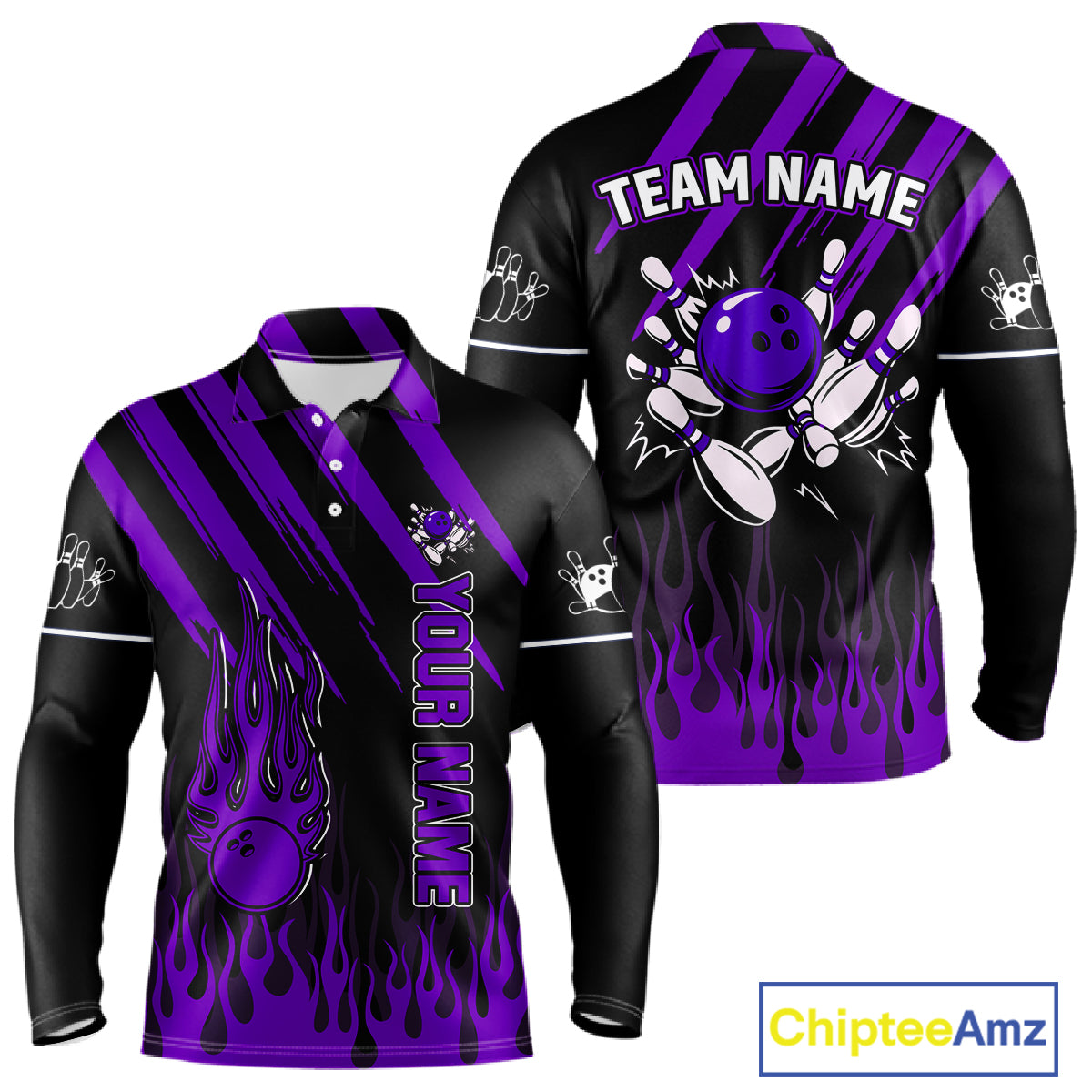 Black and Purple Flame Retro Bowling Polo, 1/4 Zip Shirt for Men Custom Vintage Team Bowling Jersey NQS11679