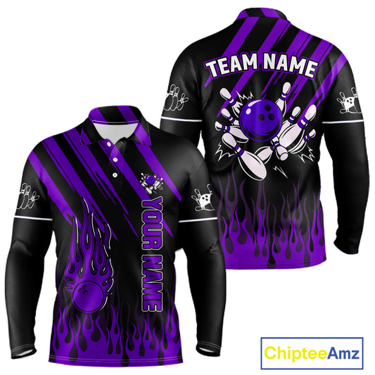 Black and Purple Flame Retro Bowling Polo, 1/4 Zip Shirt for Men Custom Vintage Team Bowling Jersey NQS11679