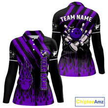 Load image into Gallery viewer, Black and Purple Flame Retro Bowling Polo, 1/4 Zip Shirt for Women Custom Vintage Team Bowling Jersey NQS11679