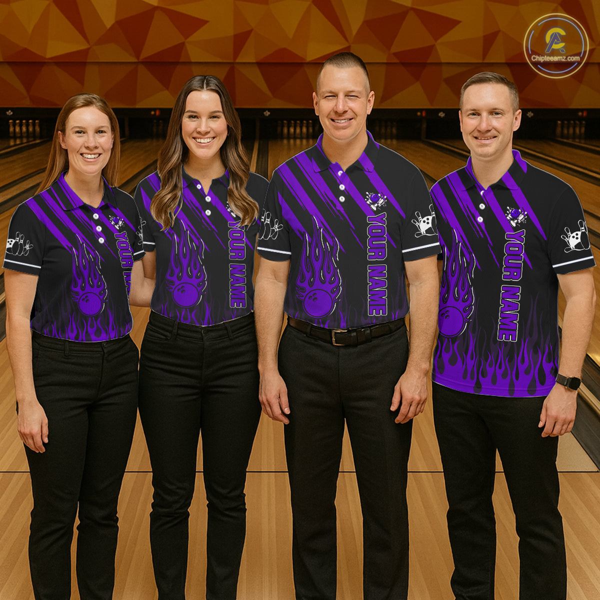 Black and Purple Flame Retro Bowling Polo, 1/4 Zip Shirt for Men Custom Vintage Team Bowling Jersey NQS11679