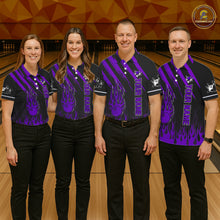 Load image into Gallery viewer, Black and Purple Flame Retro Bowling Polo, 1/4 Zip Shirt for Men Custom Vintage Team Bowling Jersey NQS11679