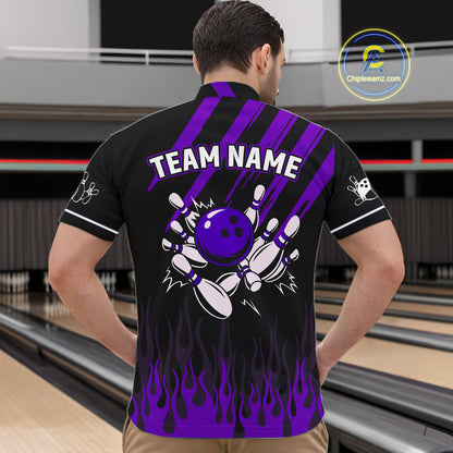 Black and Purple Flame Retro Bowling Polo, 1/4 Zip Shirt for Men Custom Vintage Team Bowling Jersey NQS11679