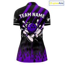 Load image into Gallery viewer, Black and Purple Flame Retro Bowling Polo, 1/4 Zip Shirt for Women Custom Vintage Team Bowling Jersey NQS11679