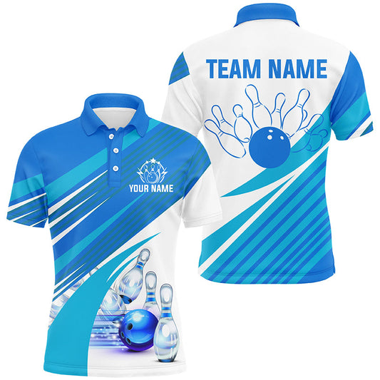 Blue and white Mens bowling shirts Custom bowling team league jerseys, gifts for mens bowlers NQS7547