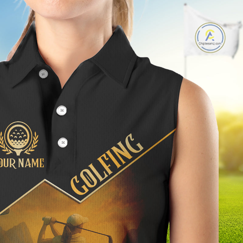 Black & Gold Golf sleeveless polo shirt for Women Custom Ladies golf tops, gift for golfers NQS10339