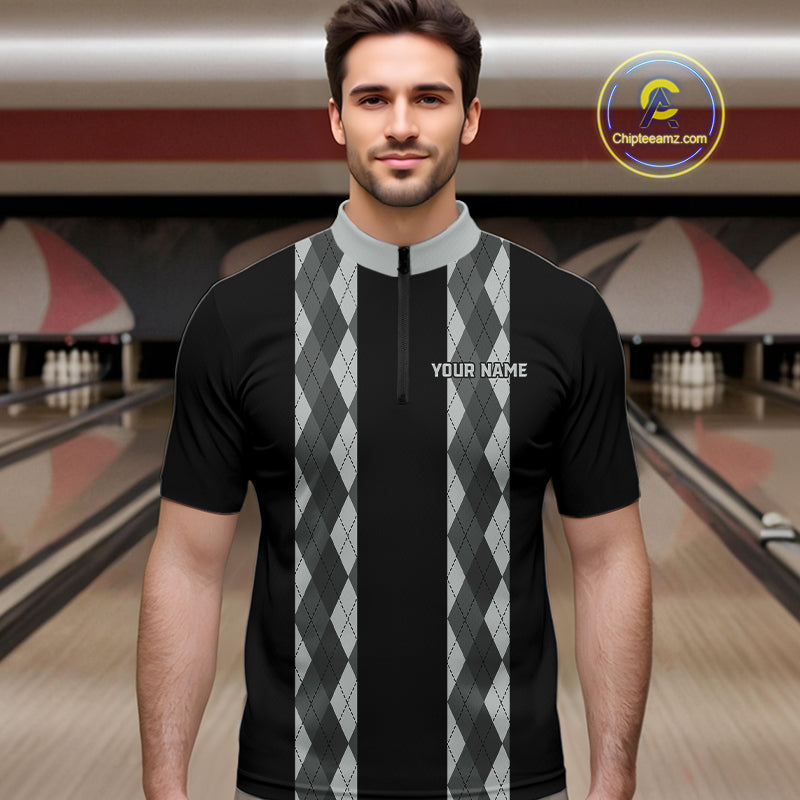 Retro Gray argyle pattern Black Bowling shirts For Men custom bowling team jerseys Bowler Outfits NQS10545