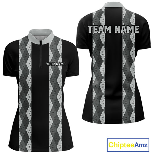 Retro Gray argyle pattern Black Bowling shirts For Women custom bowling team jerseys Bowler Outfits NQS10545
