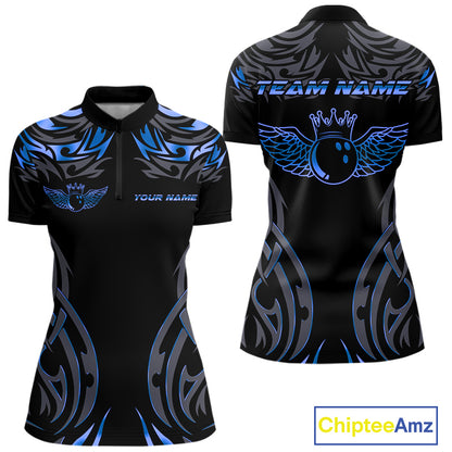 Personalized Black And Blue tribal pattern Bowling Shirts For Women, angel wings Bowling Team jerseys NQS10758