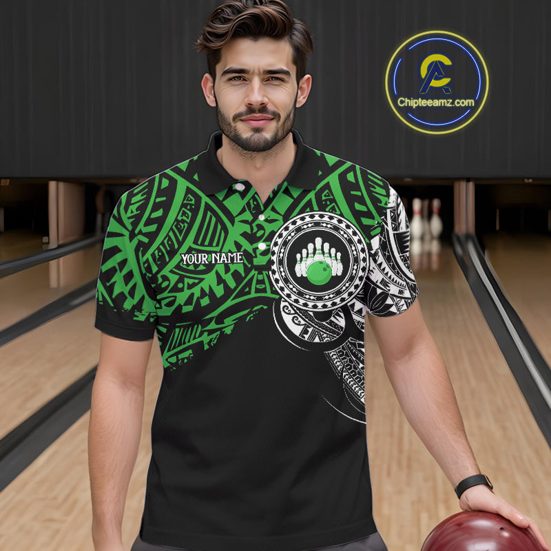 Personalized Black and Green Tribal pattern Mens Bowling Shirts Custom Team Bowling outfit for men NQS10763