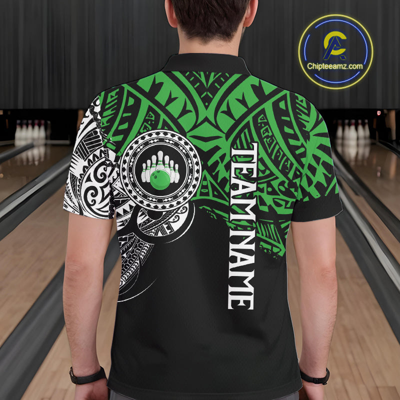 Personalized Black and Green Tribal pattern Mens Bowling Shirts Custom Team Bowling outfit for men NQS10763