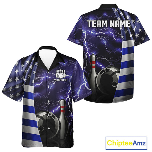 Blue Lightning Thunder American Flag Hawaiian bowling jersey Custom patriotic team bowling shirt NQS10960