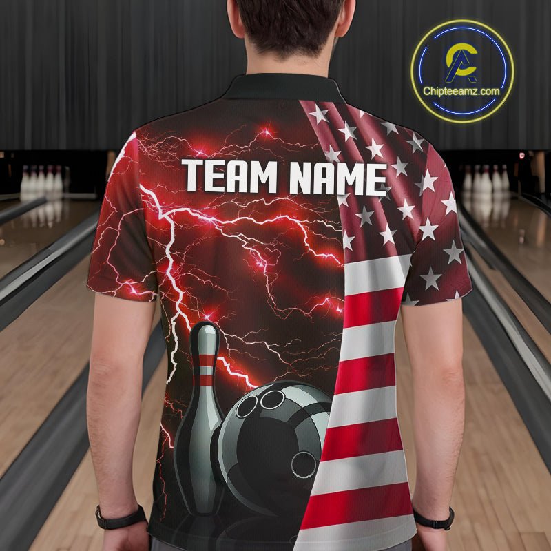 Red Lightning Thunder American Flag Bowling Shirts For Men Custom patriotic team bowling jerseys NQS10961