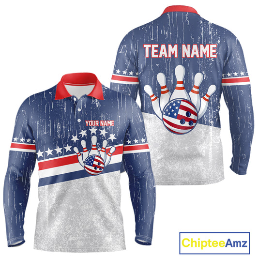 Red, White and Blue Grunge American Flag Bowling Shirts For Men Custom Patriotic Team Bowling jersey NQS11345