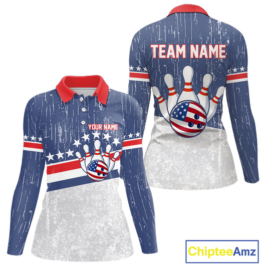 Red, White and Blue Grunge American Flag Bowling Shirt For Women Custom Patriotic Team Bowling jersey NQS11345