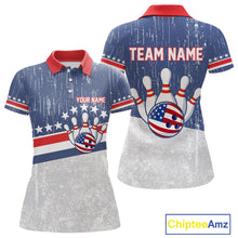 Load image into Gallery viewer, Red, White and Blue Grunge American Flag Bowling Shirt For Women Custom Patriotic Team Bowling jersey NQS11345