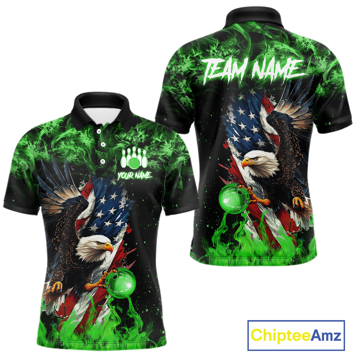 Green Flame American Flag Eagle bowling shirts for Men Custom Bowling Team Jersey, gift for Bowler NQS11555