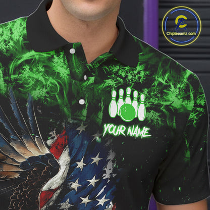 Green Flame American Flag Eagle bowling shirts for Men Custom Bowling Team Jersey, gift for Bowler NQS11555